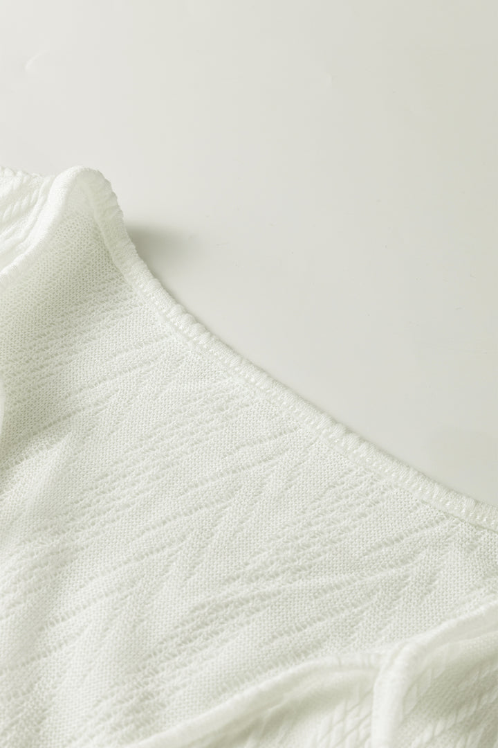 Floral Patchwork Textured Knit Drawstring V Neck Blouse