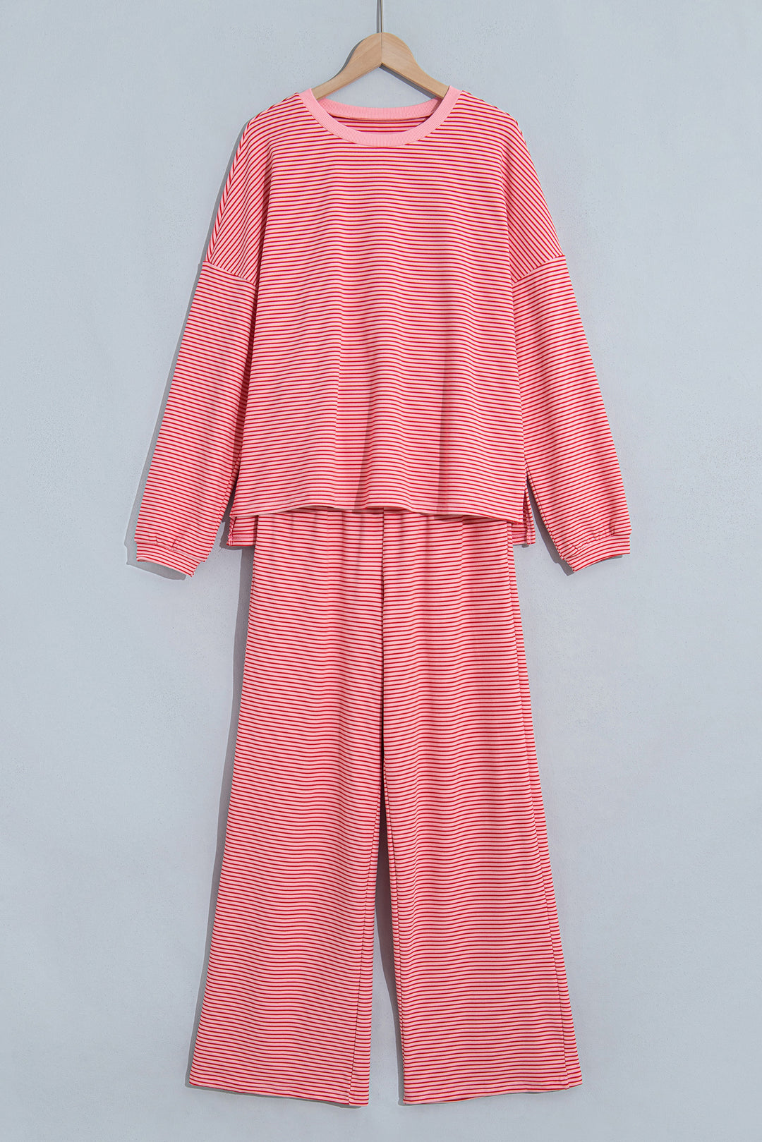 Pink Stripe Contrast Trim Round Neck Oversize Long Sleeve Top 2pcs Pant Set