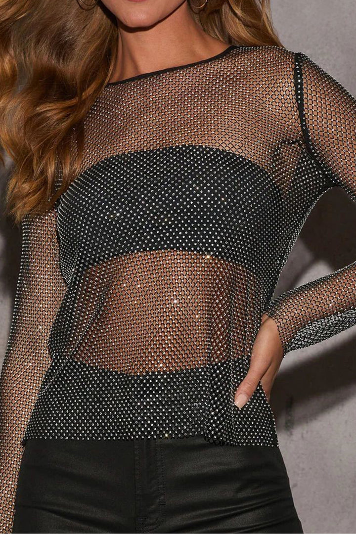 Black Rhinestone Mesh Long Sleeve See Through Top