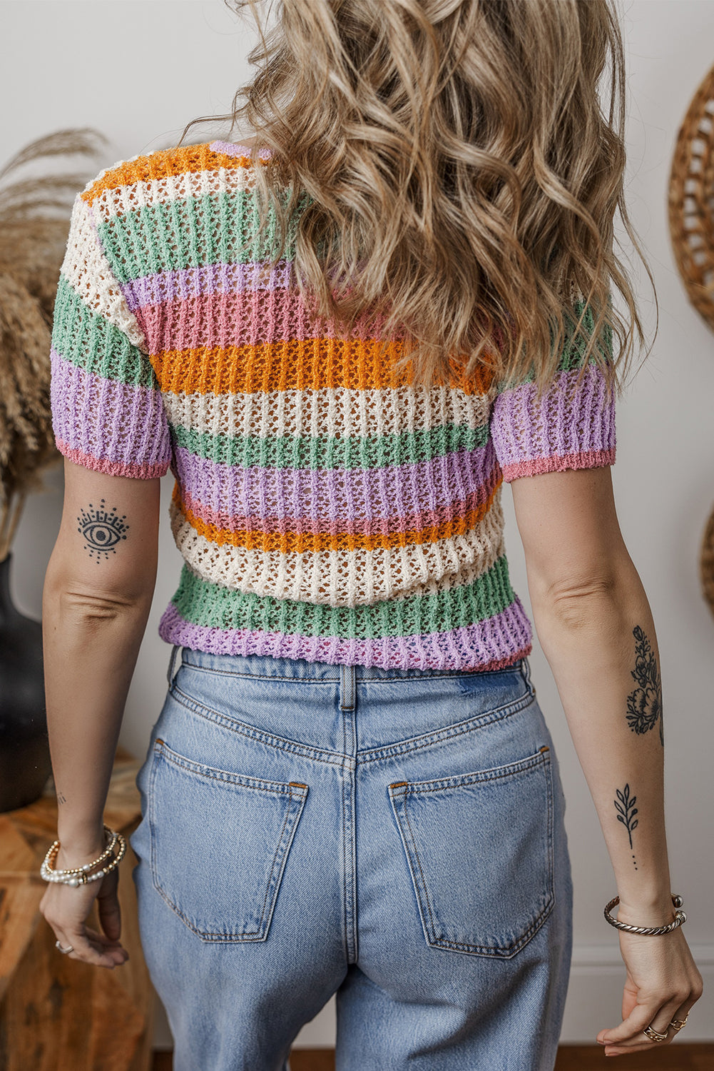 Colorblock Striped Pointelle Knit V Neck Buttoned Crop Short Sleeve Sweater
