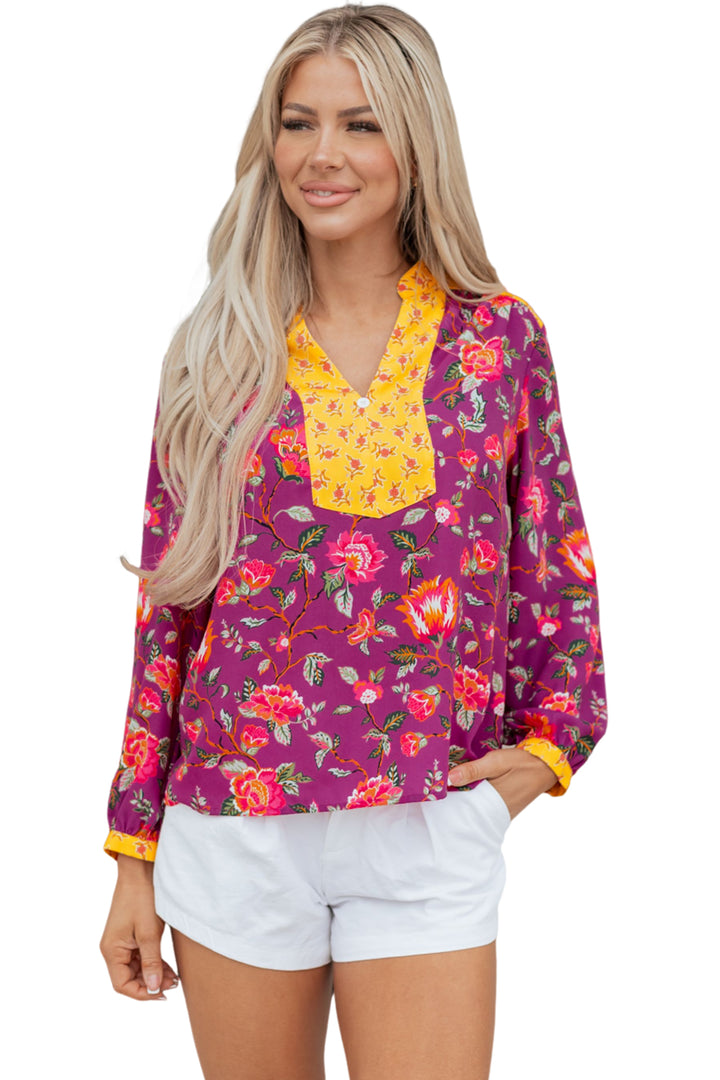 Contrast Placket Split V Neck Floral Blouse