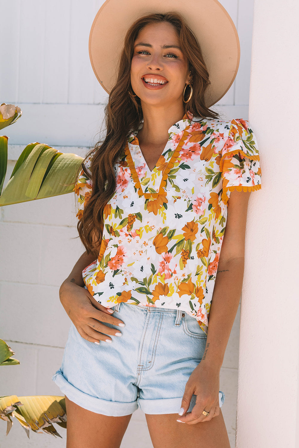 Ruffled V Neck Scalloped Short Sleeve Floral Blouse