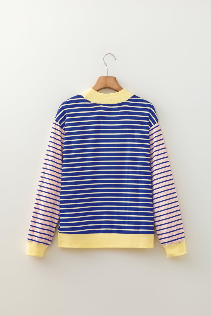 Blue Stripe Contrast Long Sleeve Crew Neck Pullover Top