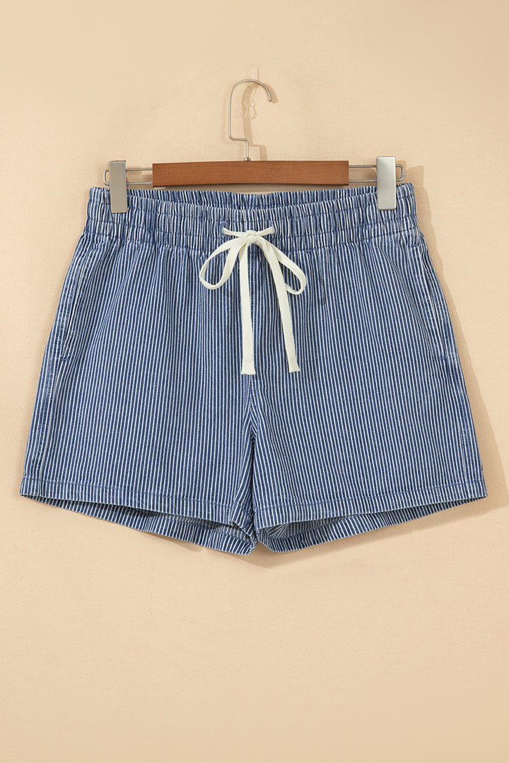 Blue Stripe Drawstring Elastic Waist Casual Denim Shorts