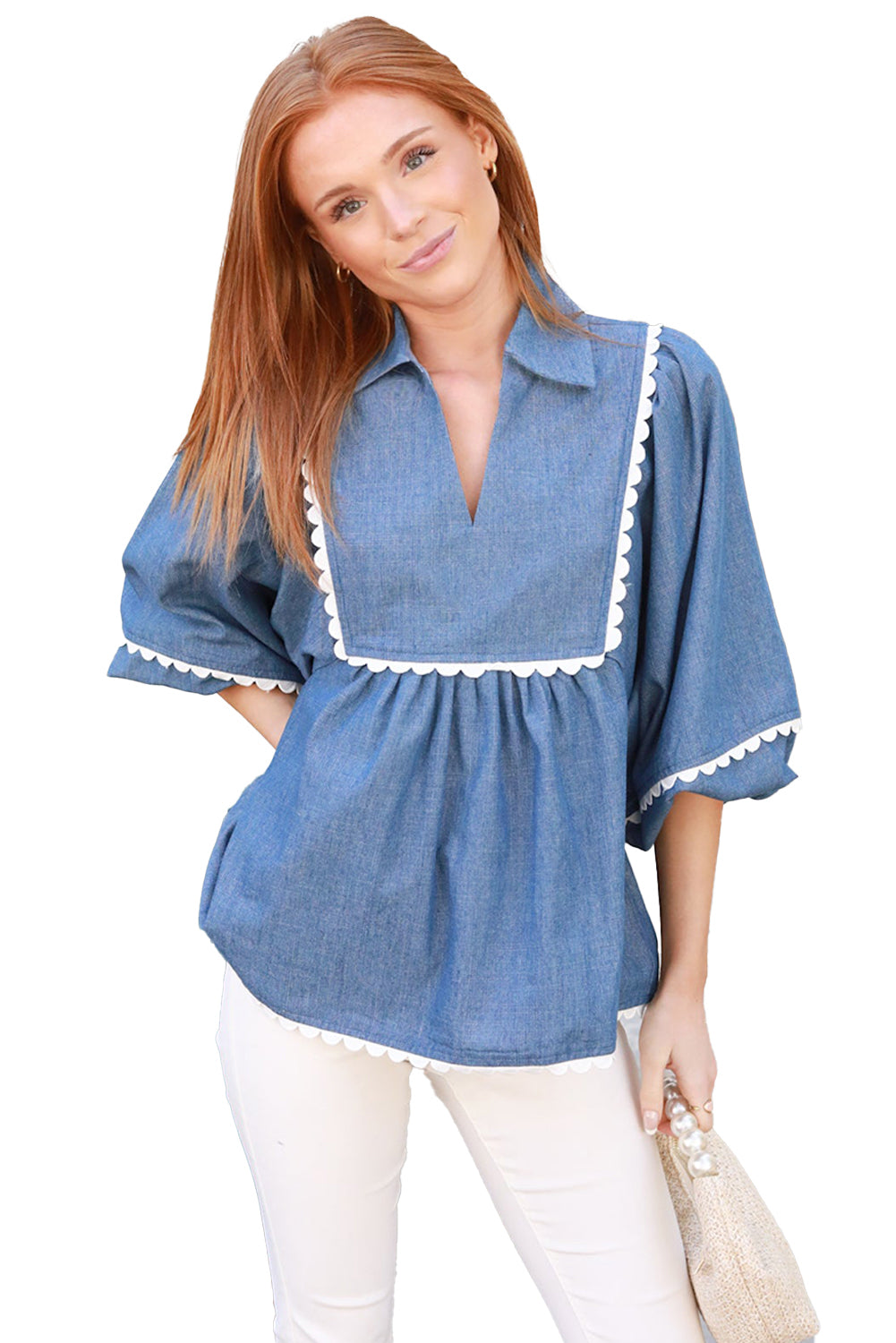 Lace Ric Rac 3/4 Puff Sleeve Collared Babydoll Blouse