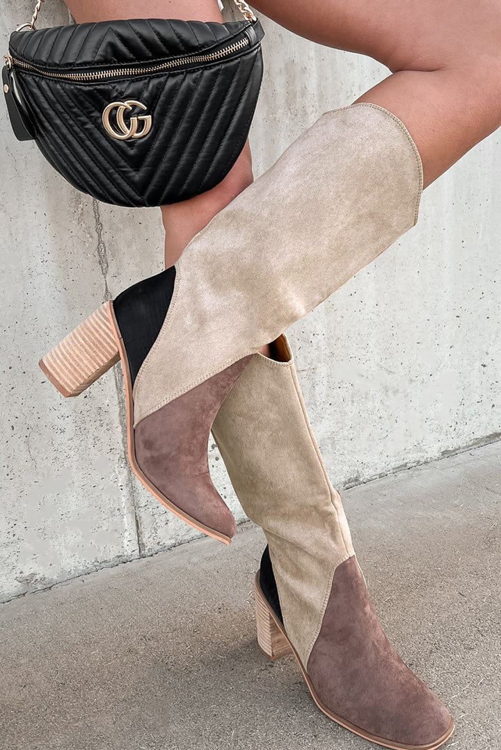 Suede Calf Length Chunky Heel Boots