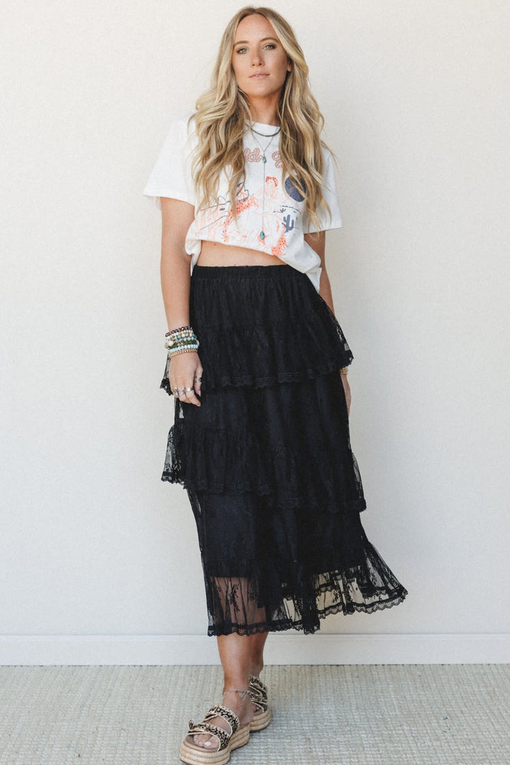 Chic Black Elegant Ruffle Lace Tiered Skirt