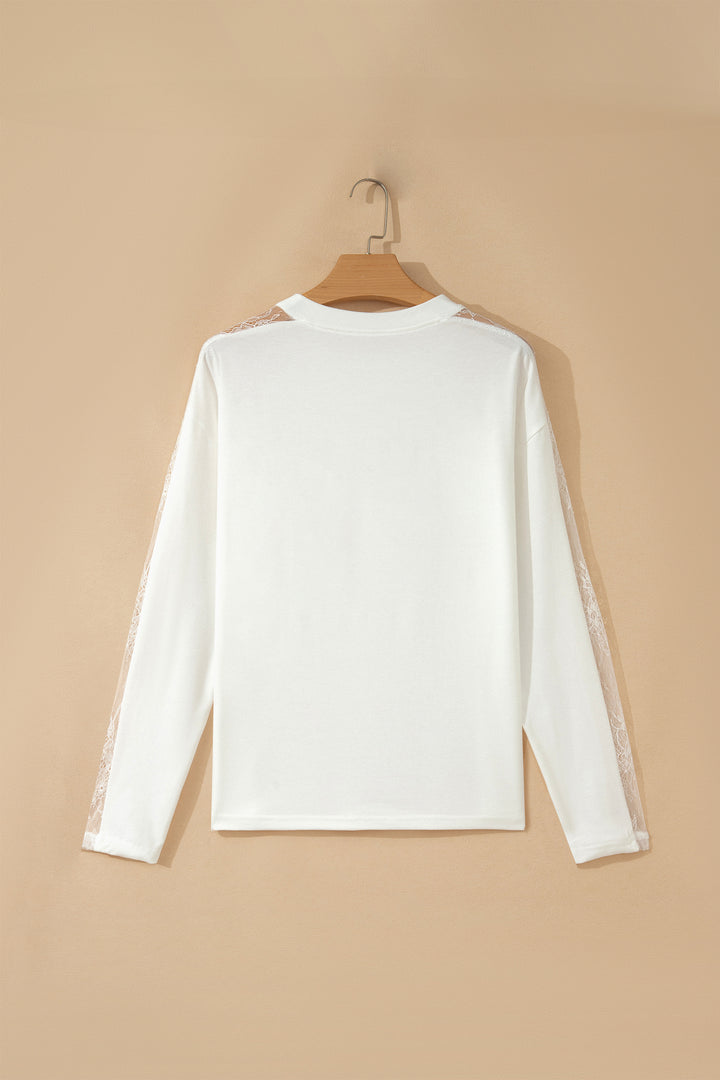White Lace Patchwork Round Neck Long Sleeve Top