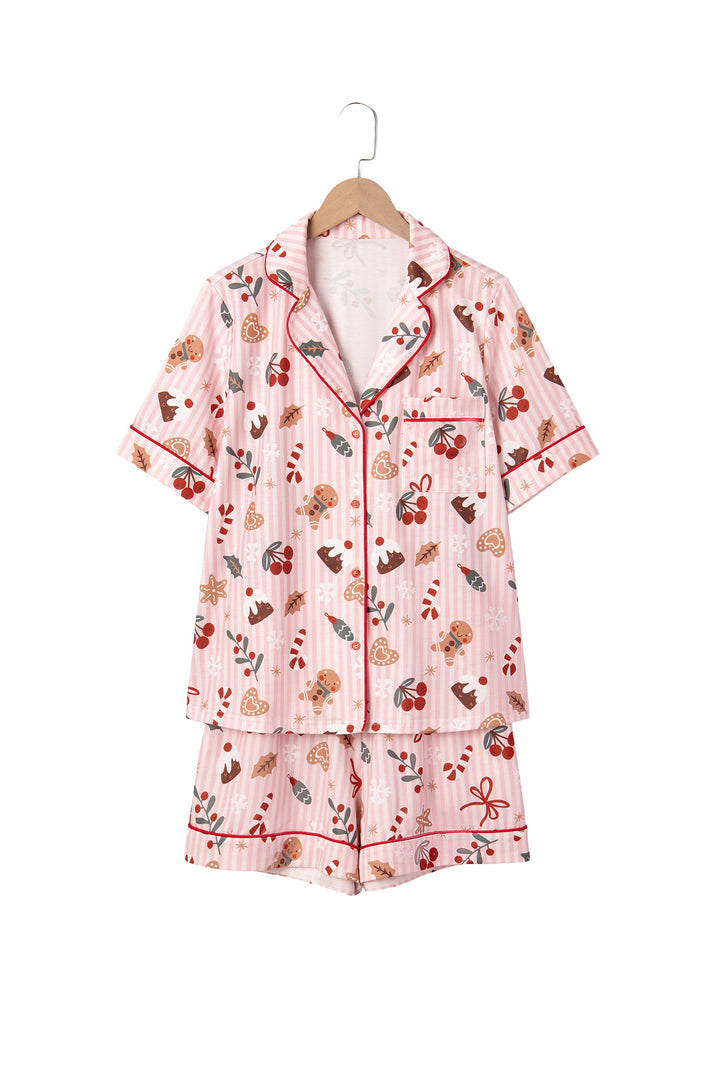 Pink Abstract Christmas Print Short Sleeve Two Piece Lounge Set