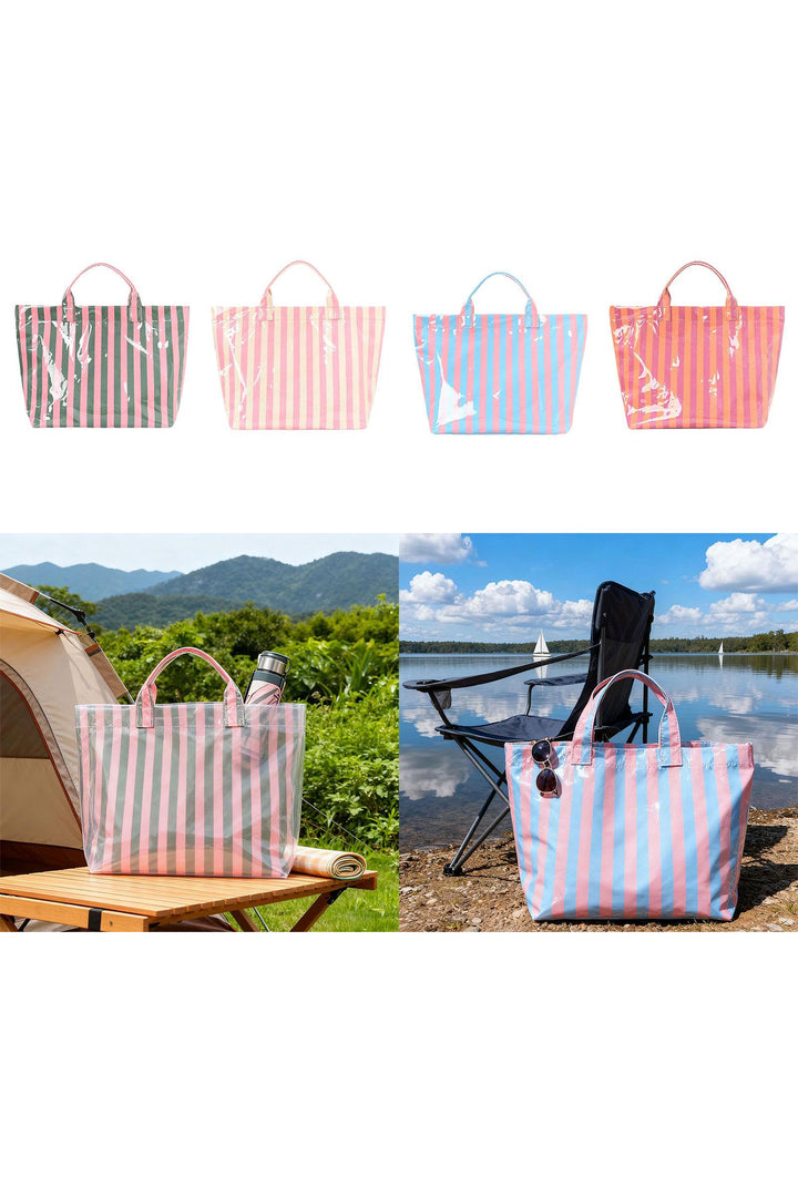 Rose Red Glossy Striped Vinyl Large Tote Bag (Color Varied)