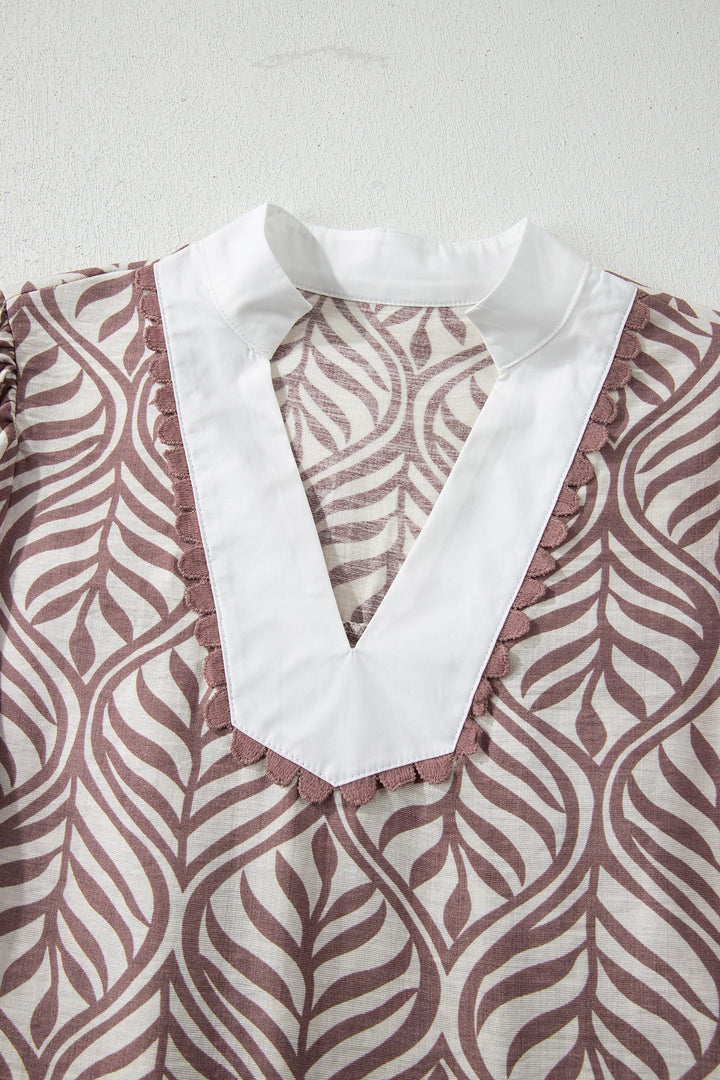 Leaf Print Standing Collar Puff Sleeve Top