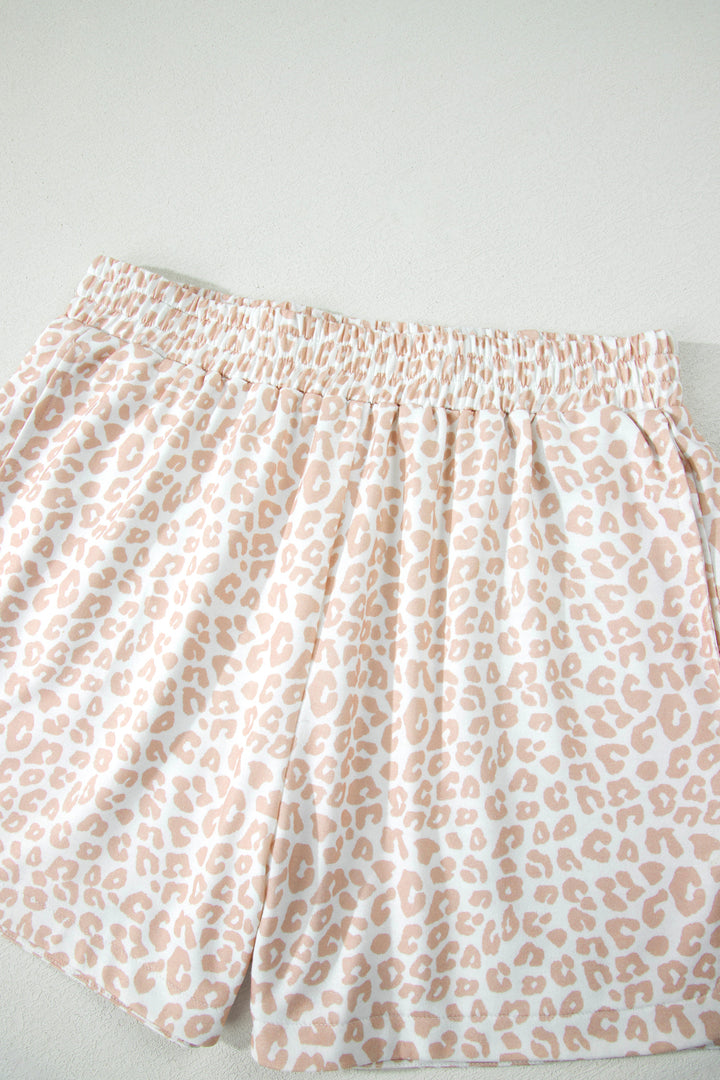 Beige Leopard Zip Polo Top 2pcs Short Set