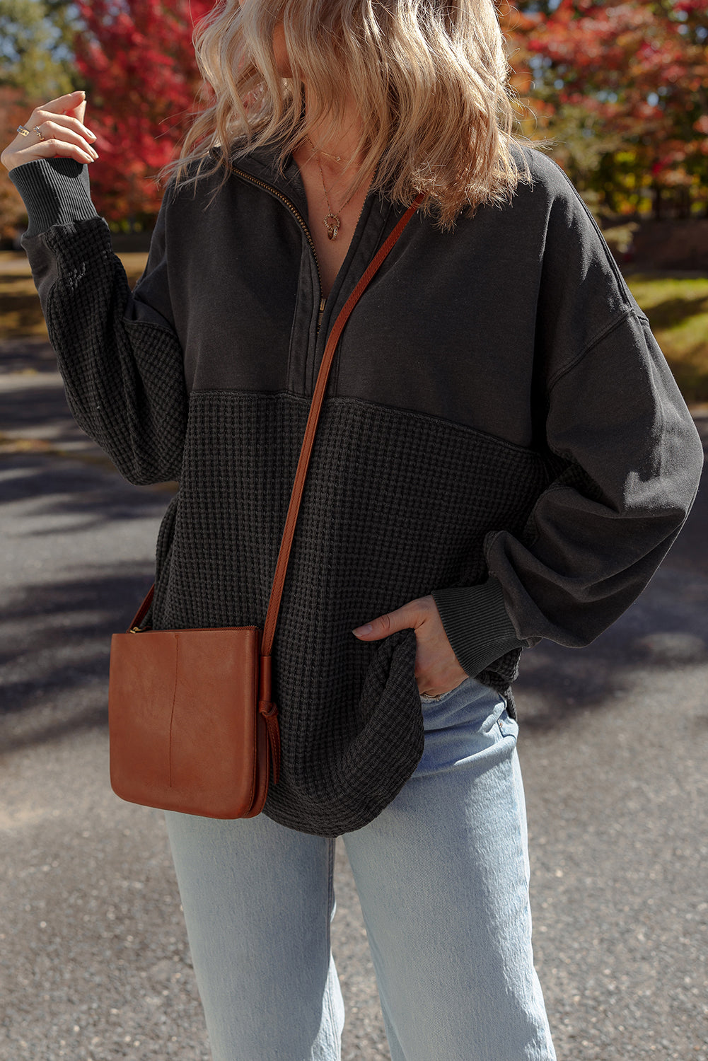 Waffle Knit Patchwork Half Zipped Casual Sweatshirt
