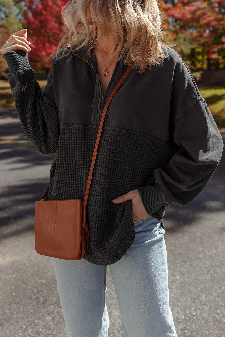 Waffle Knit Patchwork Half Zipped Casual Sweatshirt