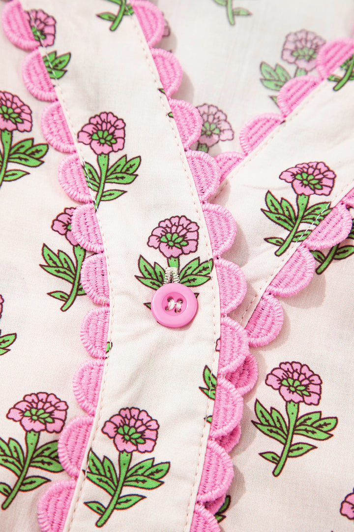 Pink Floral Print V Neck Short Sleeve Cotton Long Dress