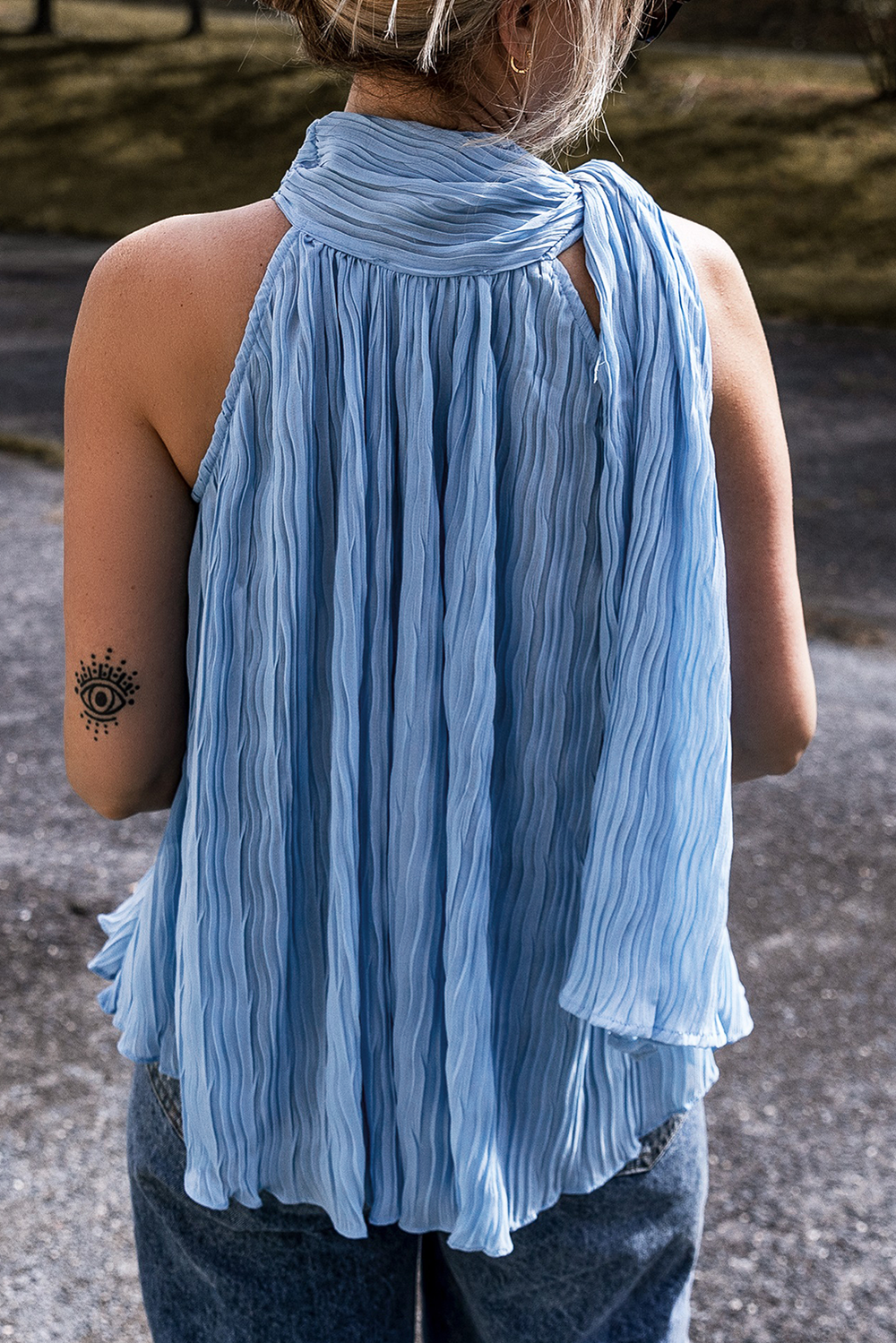 textured pleated tied mock neck flowy tank top