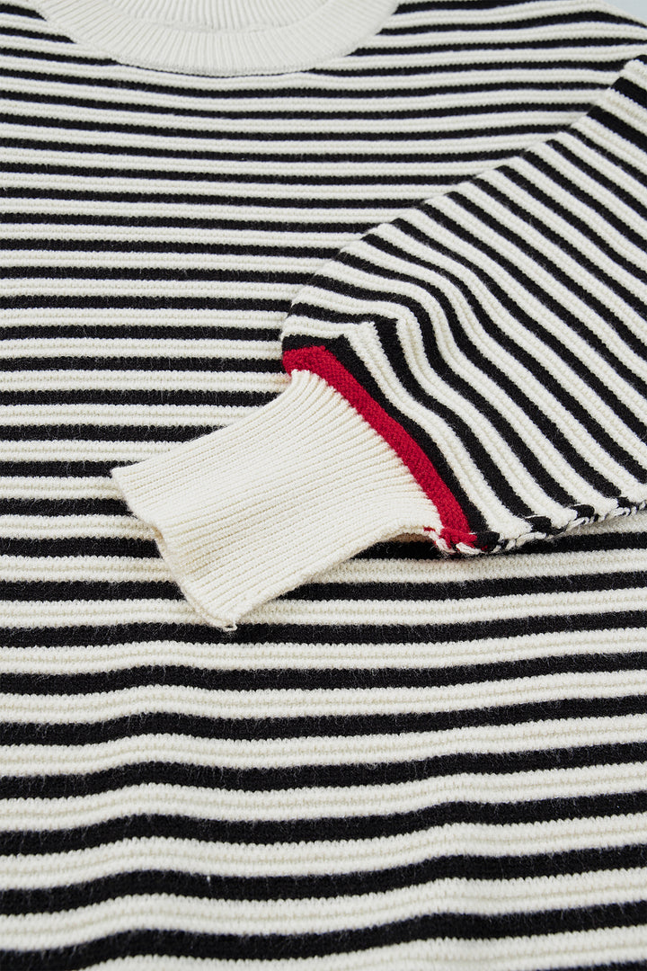 Black Stripe Ribbed Trim Drop Shoulder Oversized Sweater