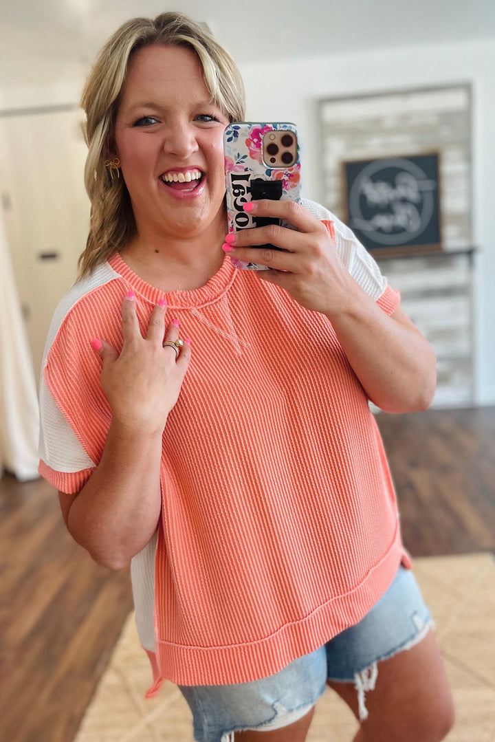 Carrot Twist Rib Colorblock Hi Low Plus Size Short Sleeve Top