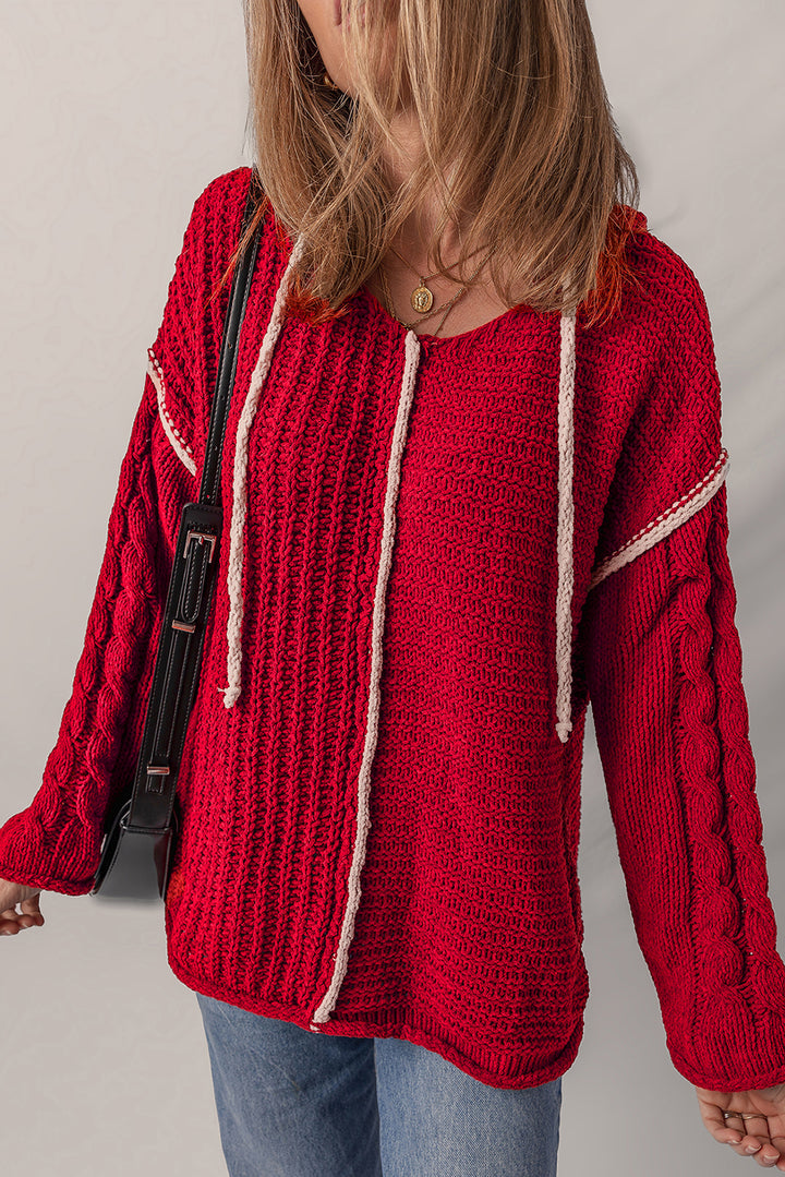 Color Contrast Trim Textured Knit Drawstring Hooded Sweater
