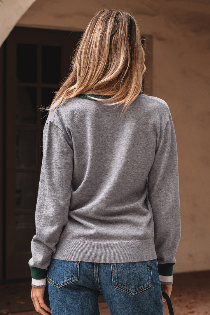 Contrast Striped Trim V Neck Varsity Sweater
