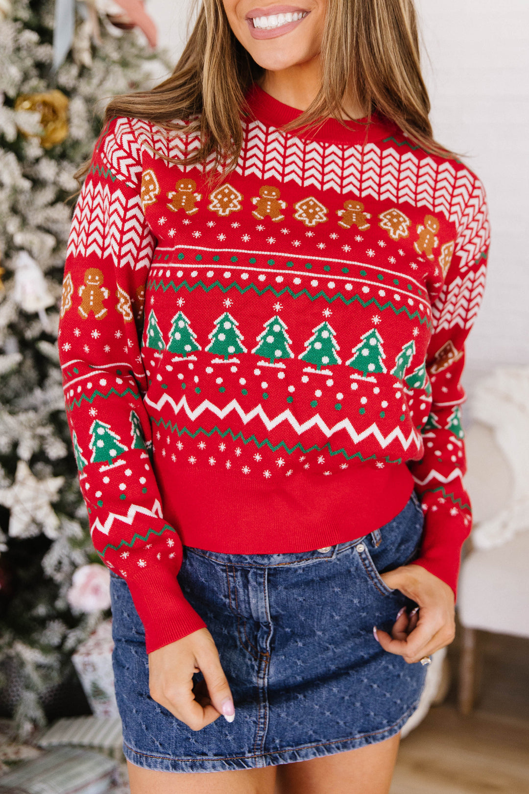 Multicolour Gingerbread Christmas Tree Pattern Round Neck Pullover Sweater