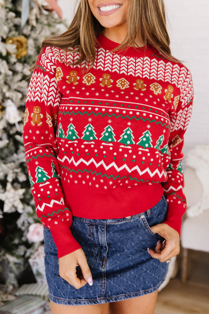 Multicolour Gingerbread Christmas Tree Pattern Round Neck Pullover Sweater