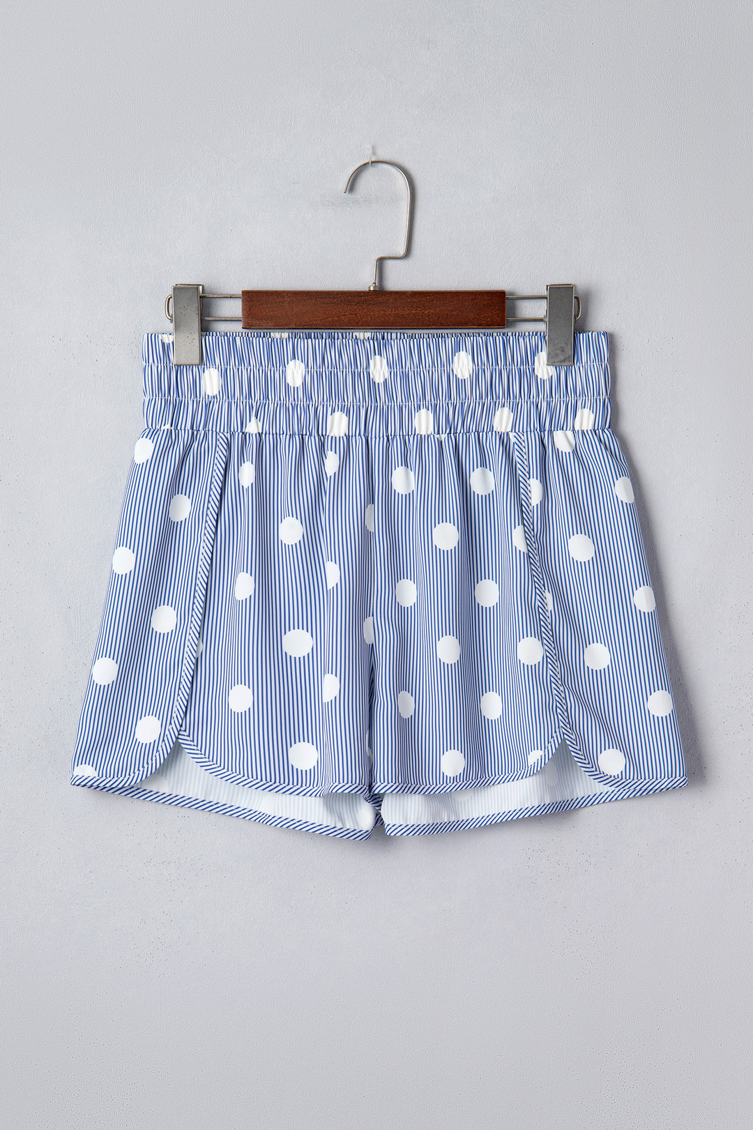 Sky Blue Polka Dot Print Shirred High Waist Casual Shorts