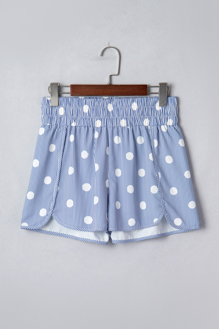 Sky Blue Polka Dot Print Shirred High Waist Casual Shorts