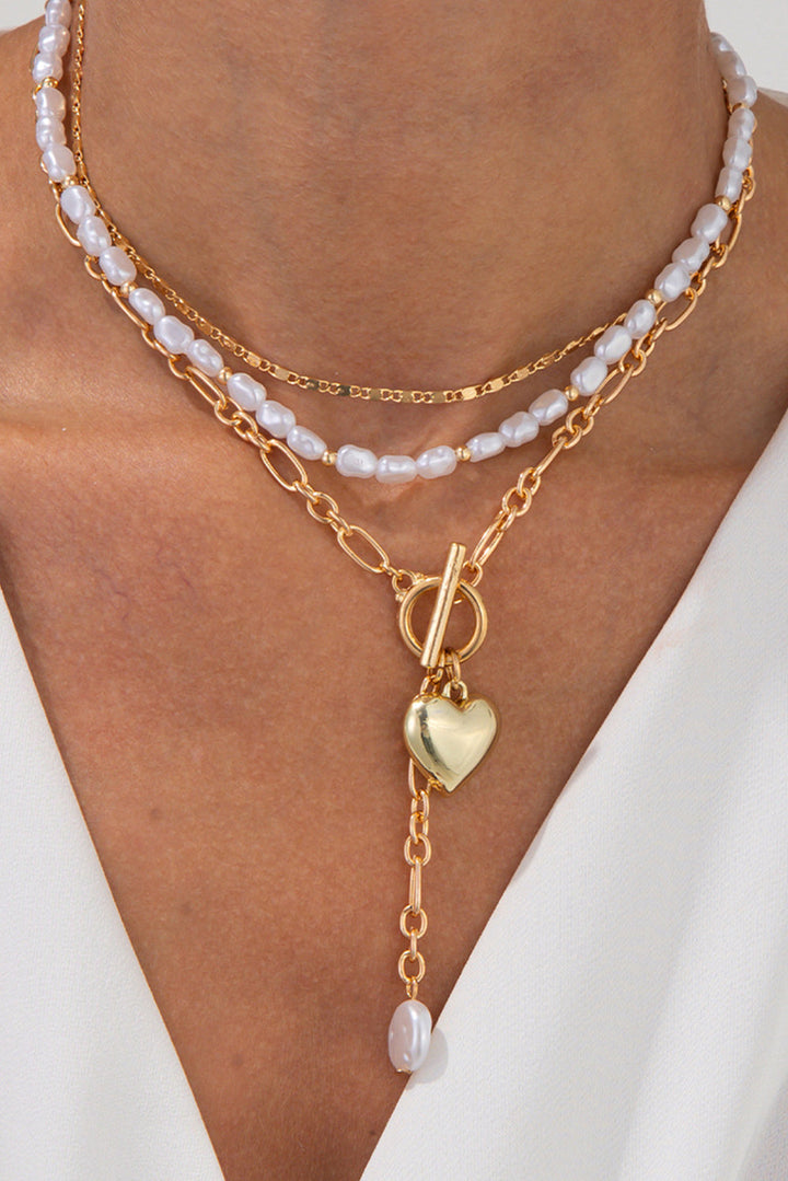 Plated Heart Charm Pearl Chain Layered Necklace