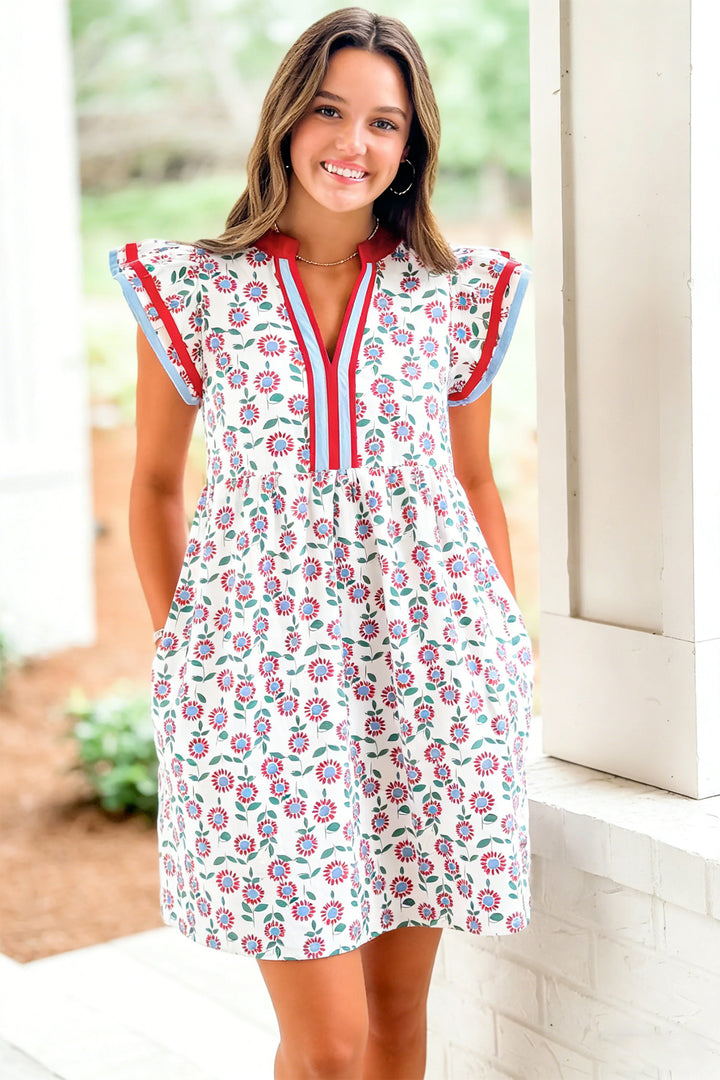 Red Floral Print Contrast Trim Flutter Sleeve Mini Dress