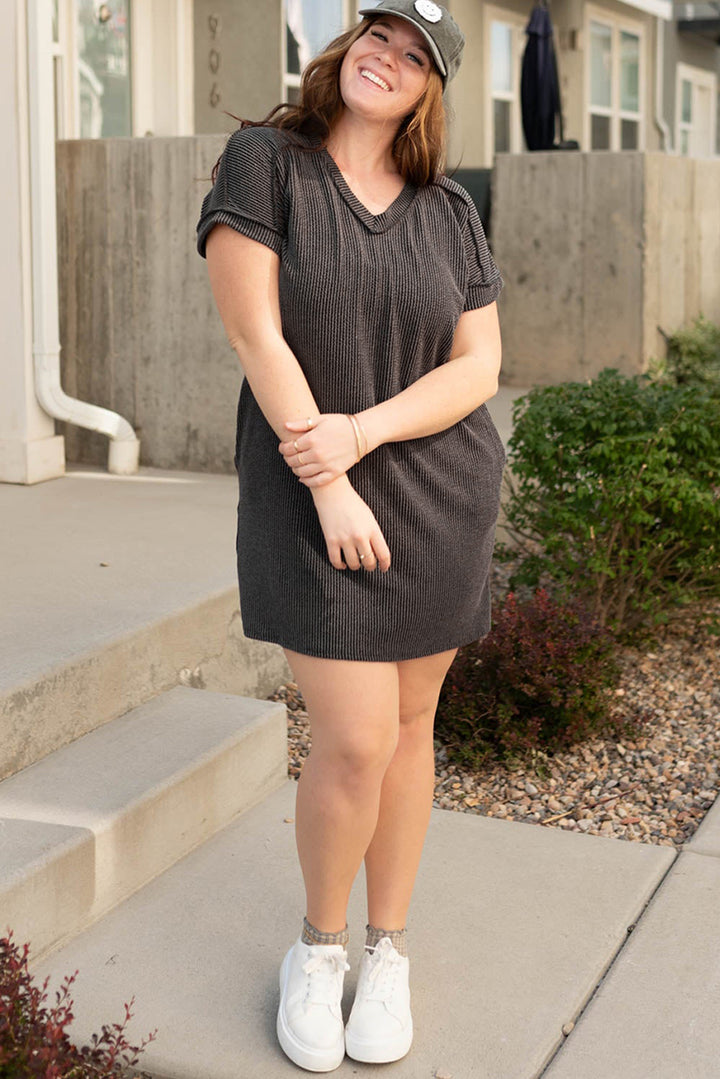 Casual Carbon Grey Corded V Neck Plus Size T Shirt Dress with Pockets