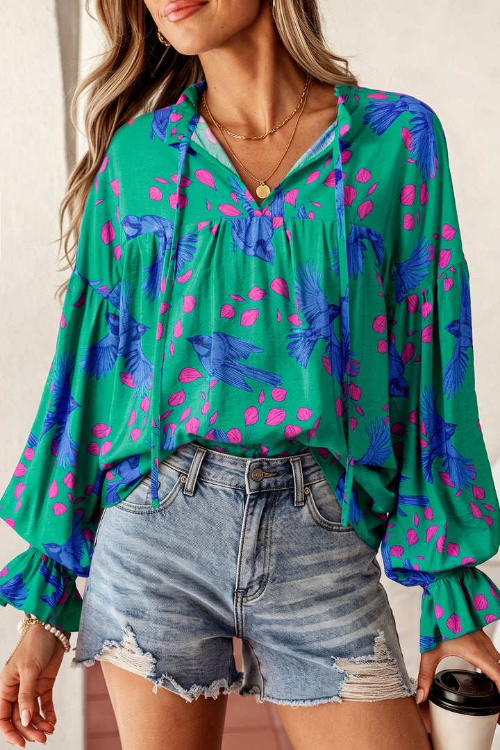 Green Abstract Print Flounced Puff Sleeve Blouse