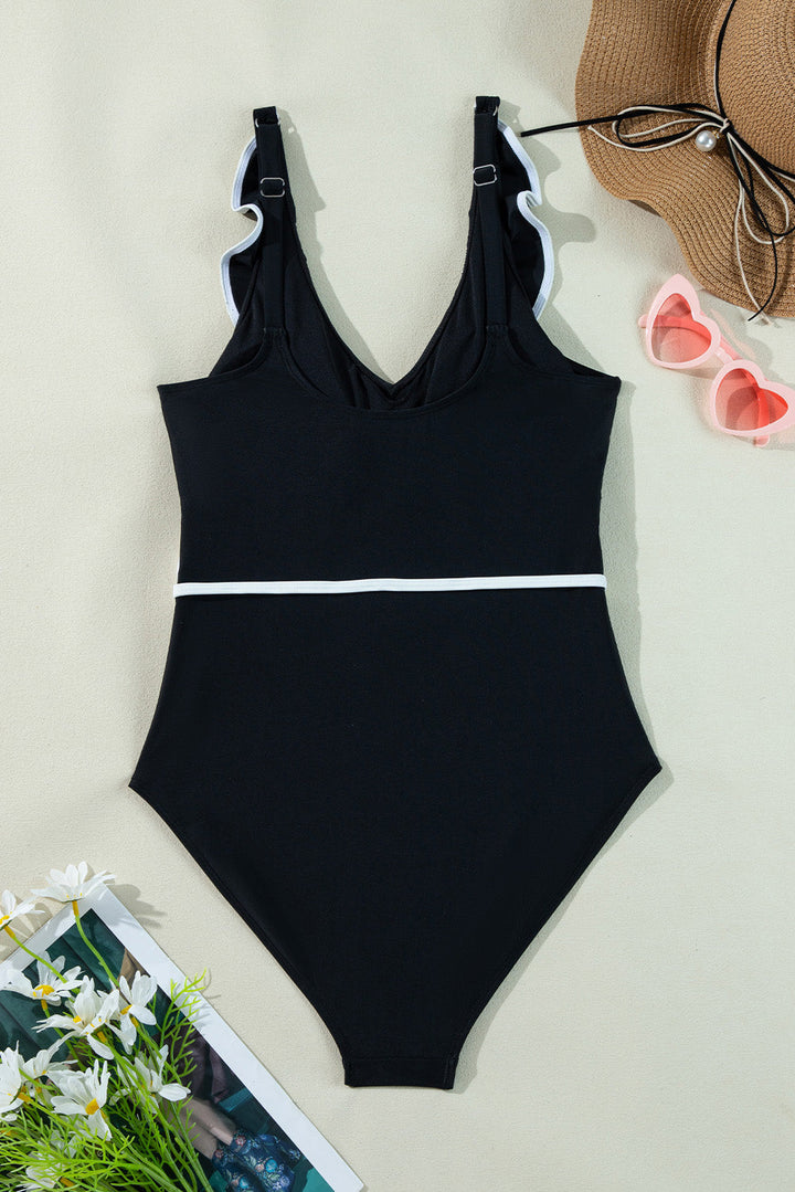 color contrast ruffled wrap v neck swimsuit