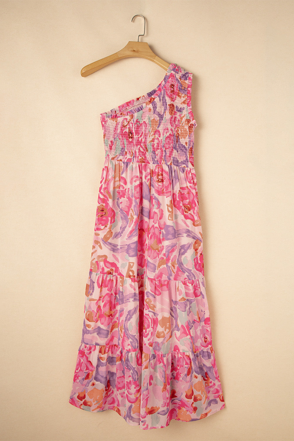 Abstract Floral Print Shirred One Shoulder Maxi Dress