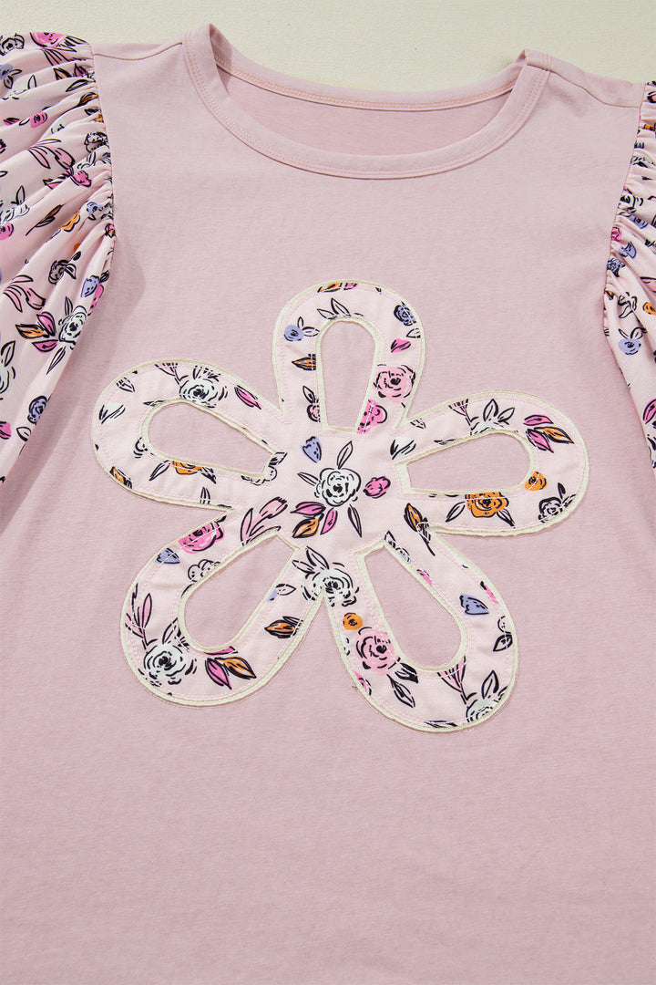 Pink Contrast Floral Patched Flowy Half Sleeve Blouse