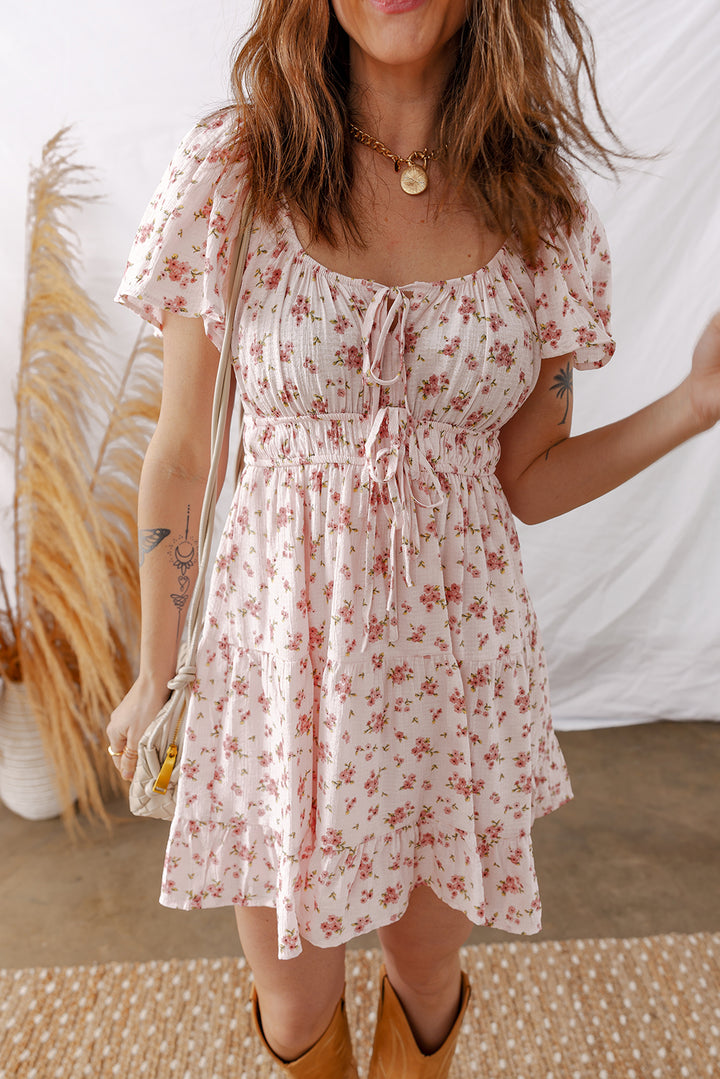 Front Tie Shirred Waist Short Sleeve Ruffled Floral Mini Dress