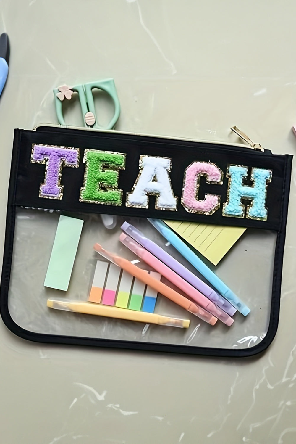 TEACH Glitter Chenille Clear PVC Makeup Bag