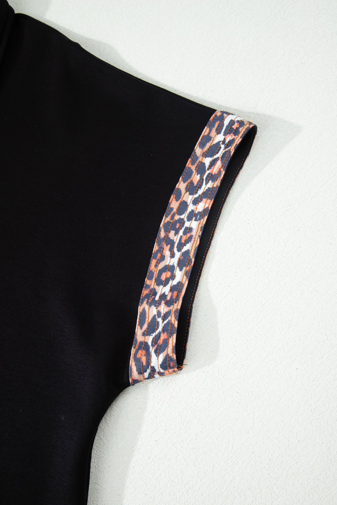 Black Plus Size Leopard Patchwork Half Zip Short Sleeve Top