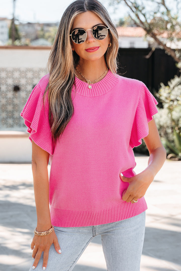 Solid Color Ribbed Trim Round Neck Ruffle Short Sleeve Sweater