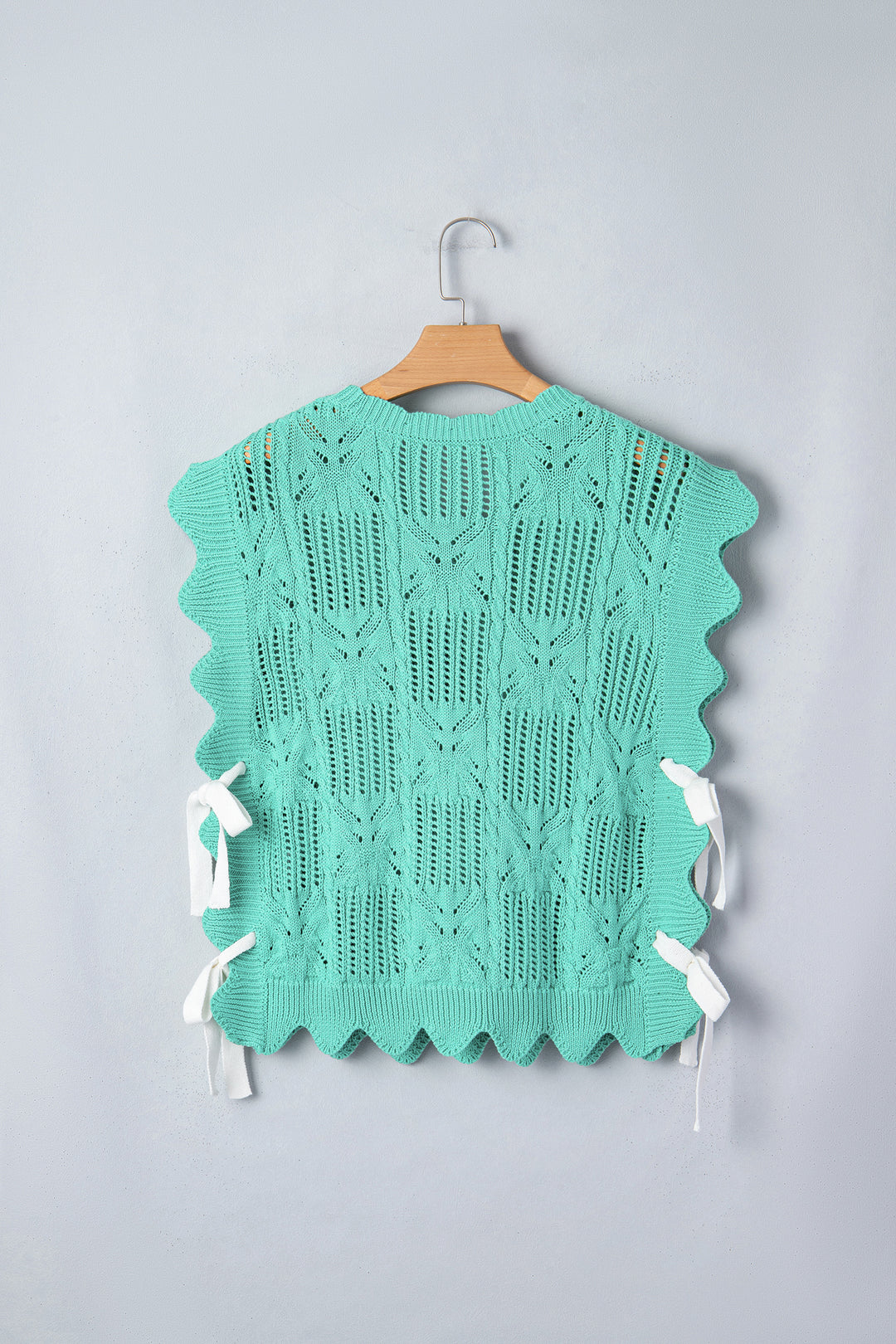 Pointelle Knit Patterned Scalloped Trim Short Sleeve Sweater