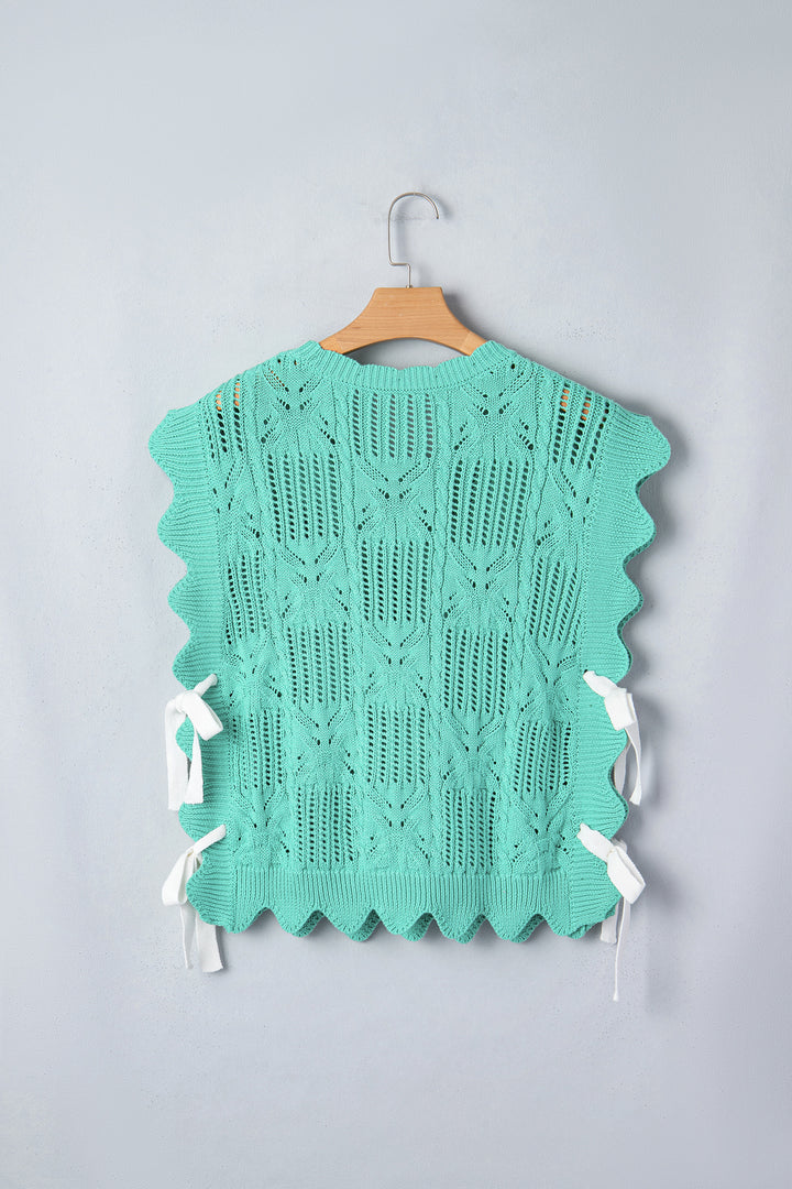 Pointelle Knit Patterned Scalloped Trim Short Sleeve Sweater