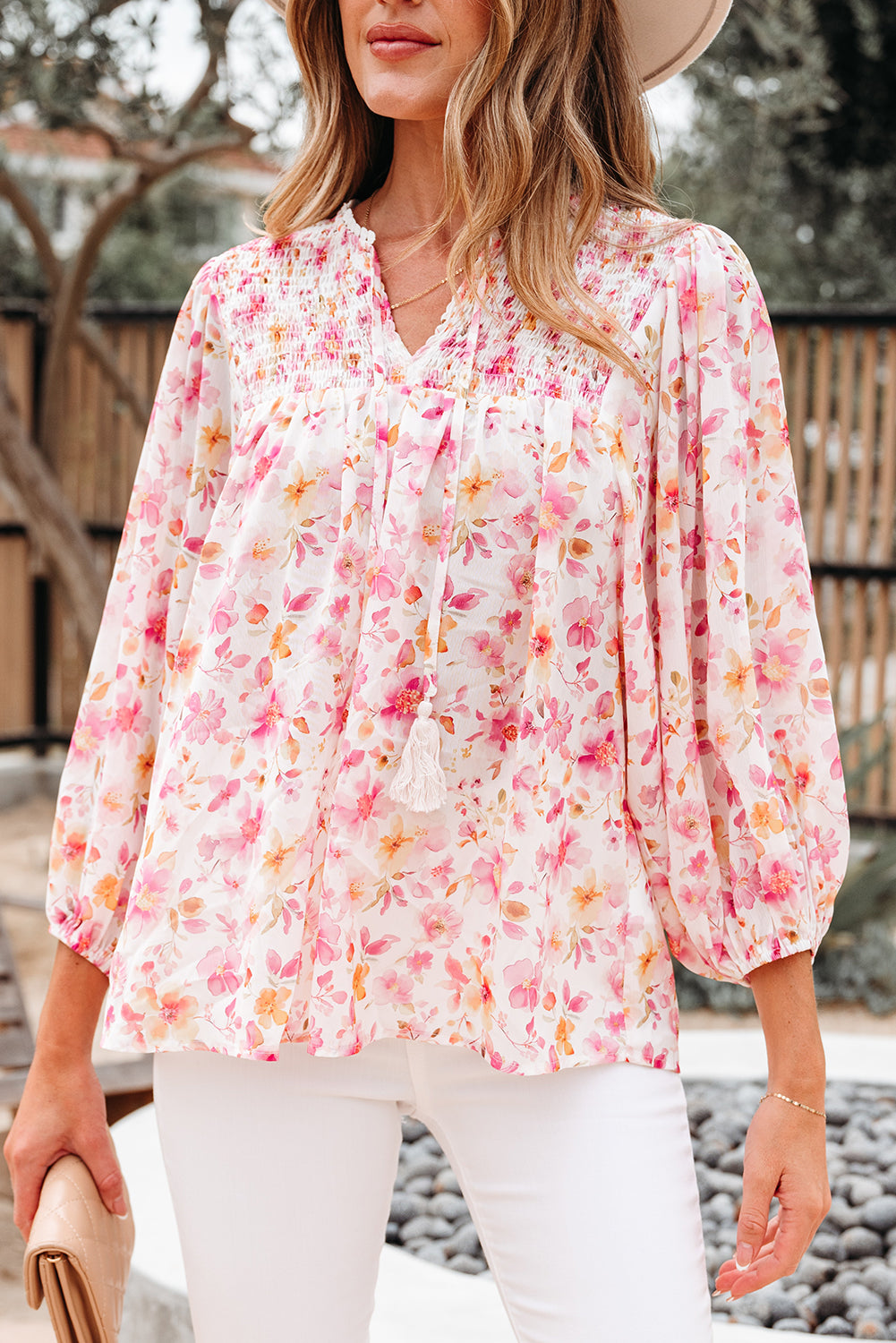 Floral Print Tassel Tie Smocked V Neck Puff Sleeve Tunic Blouse