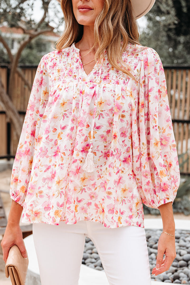 Floral Print Tassel Tie Smocked V Neck Puff Sleeve Tunic Blouse