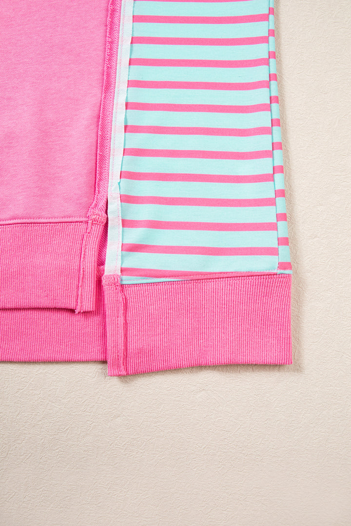 Rose Stripe Color Block Patchwork Relaxed Split Long Sleeve Top