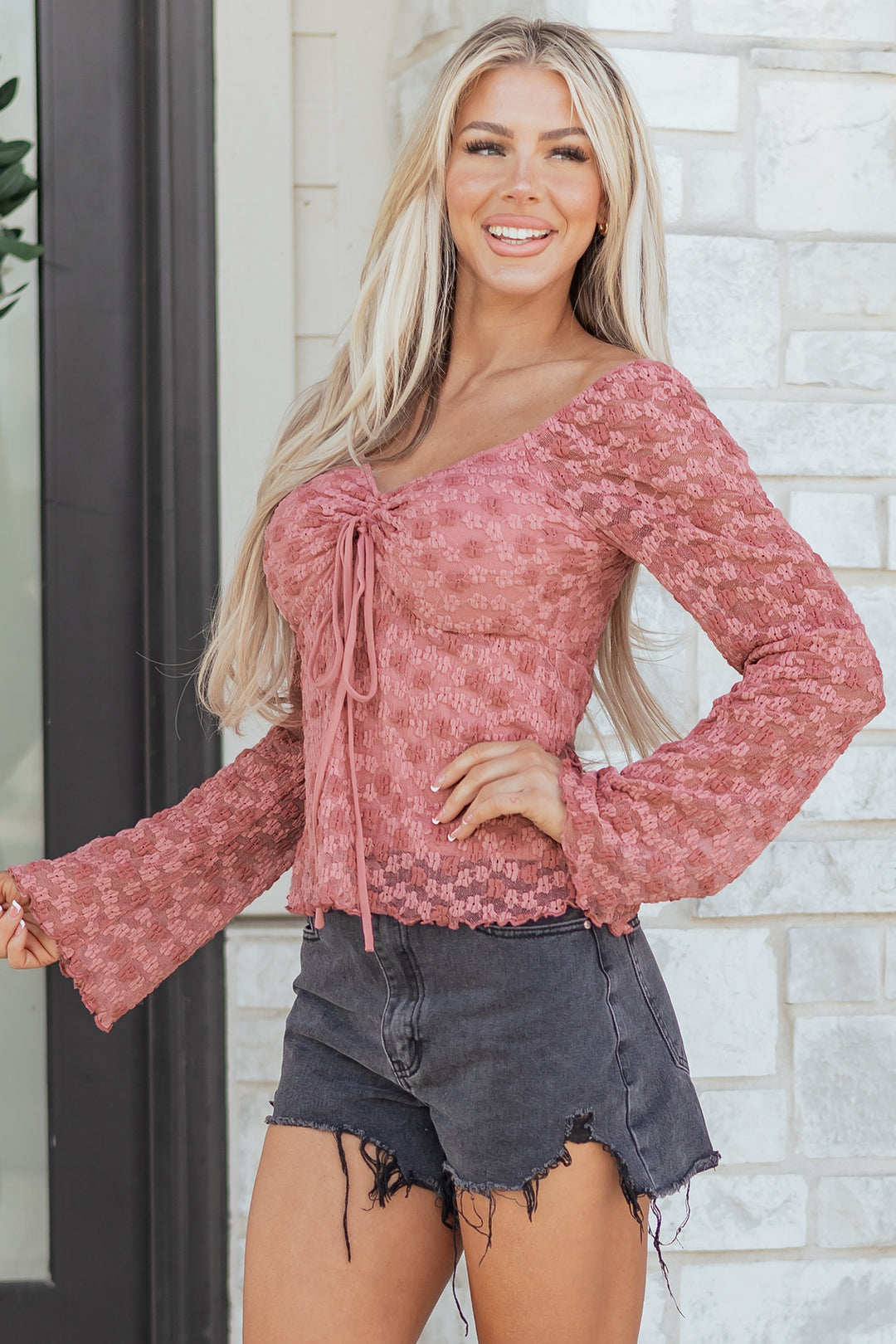 Drawstring Knot Detail Floral Lace Blouse