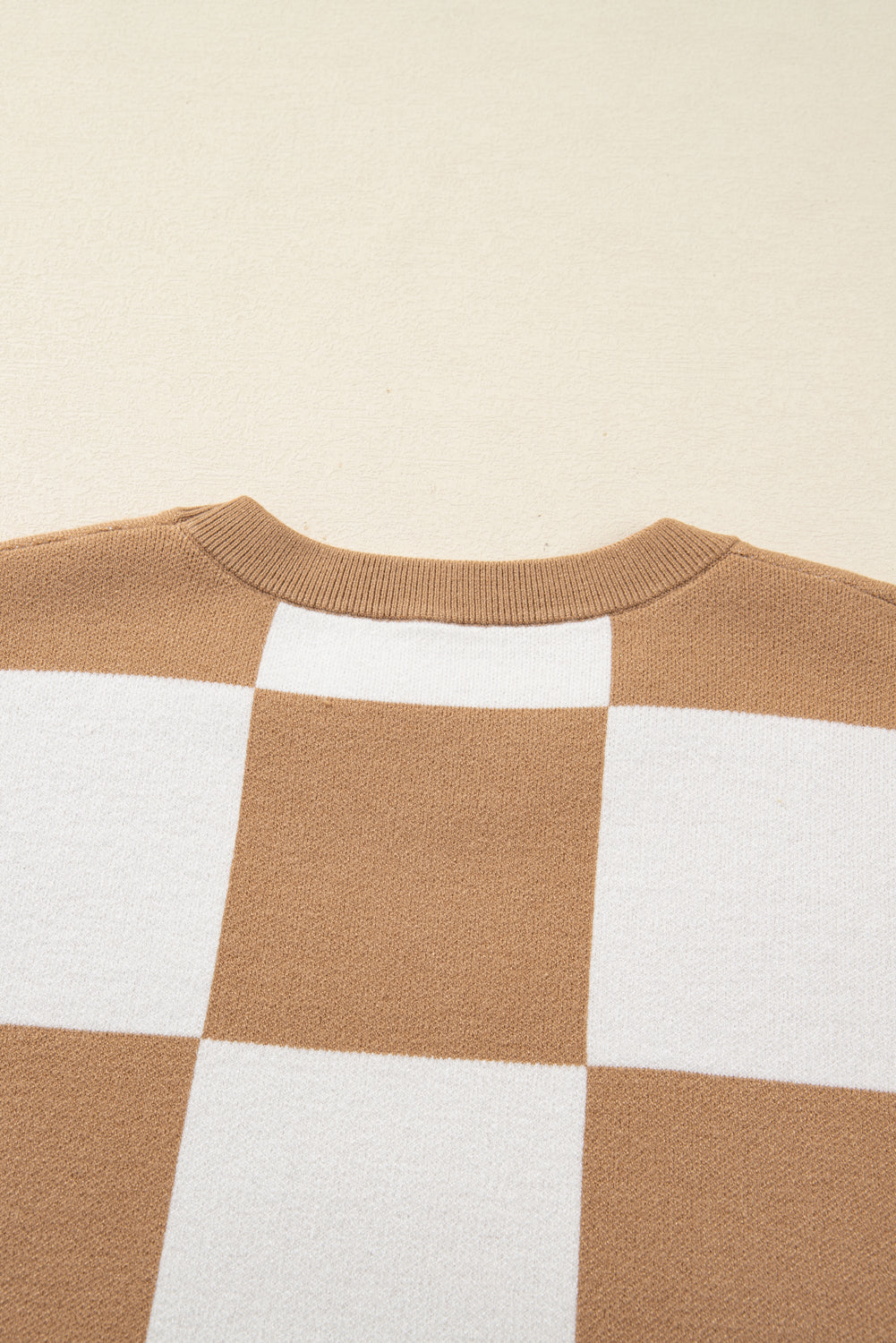 Light French Beige Plus Size Checkered Pattern Knit Short Sleeve Sweater