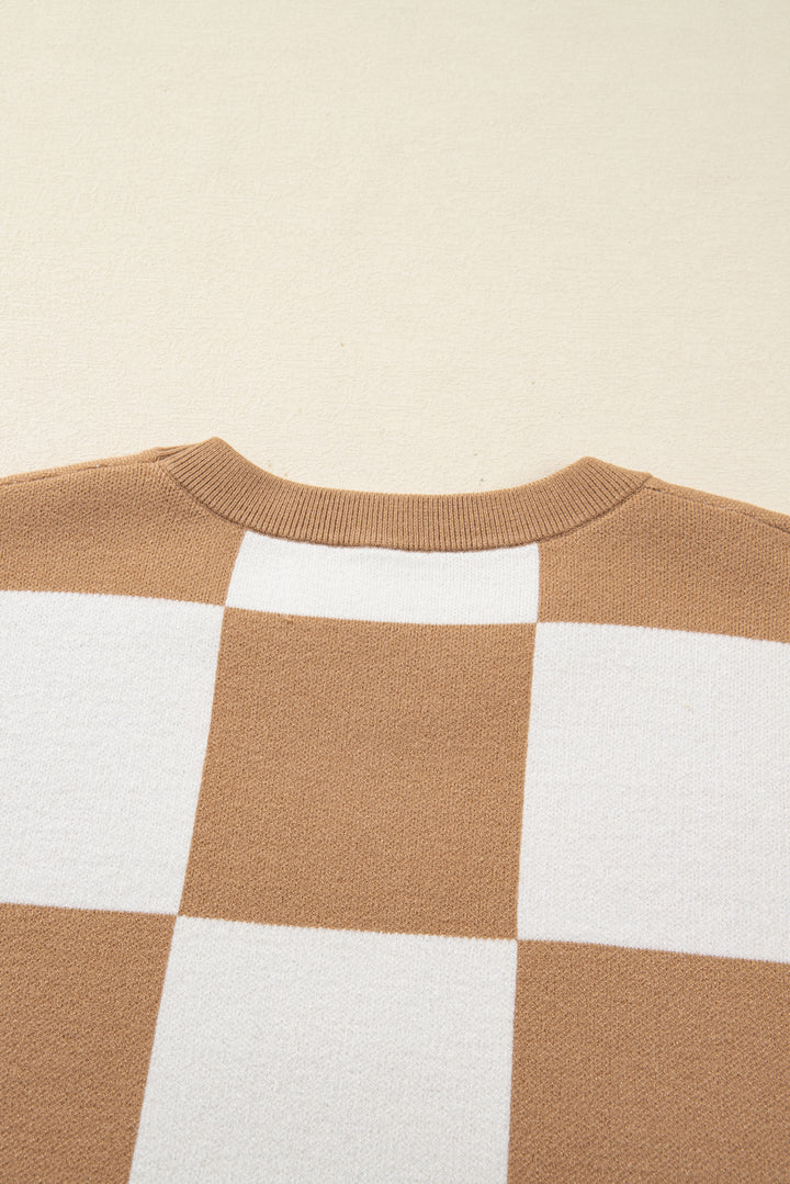 Light French Beige Plus Size Checkered Pattern Knit Short Sleeve Sweater