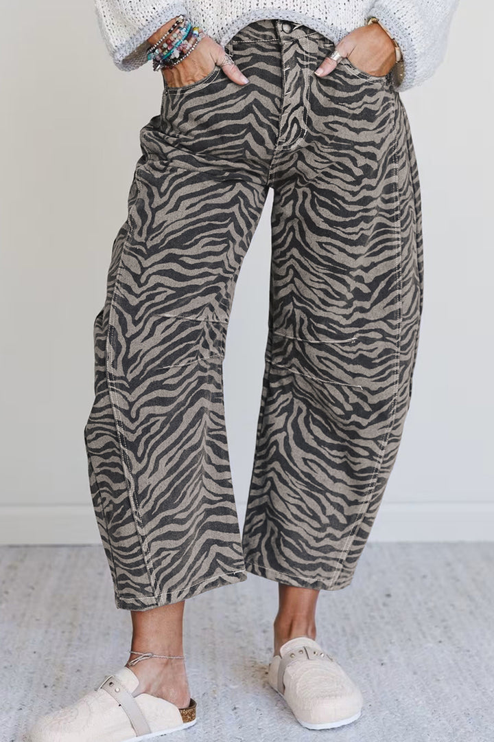 Gray Zebra Stripe Printed Wide Leg Barrel Jeans