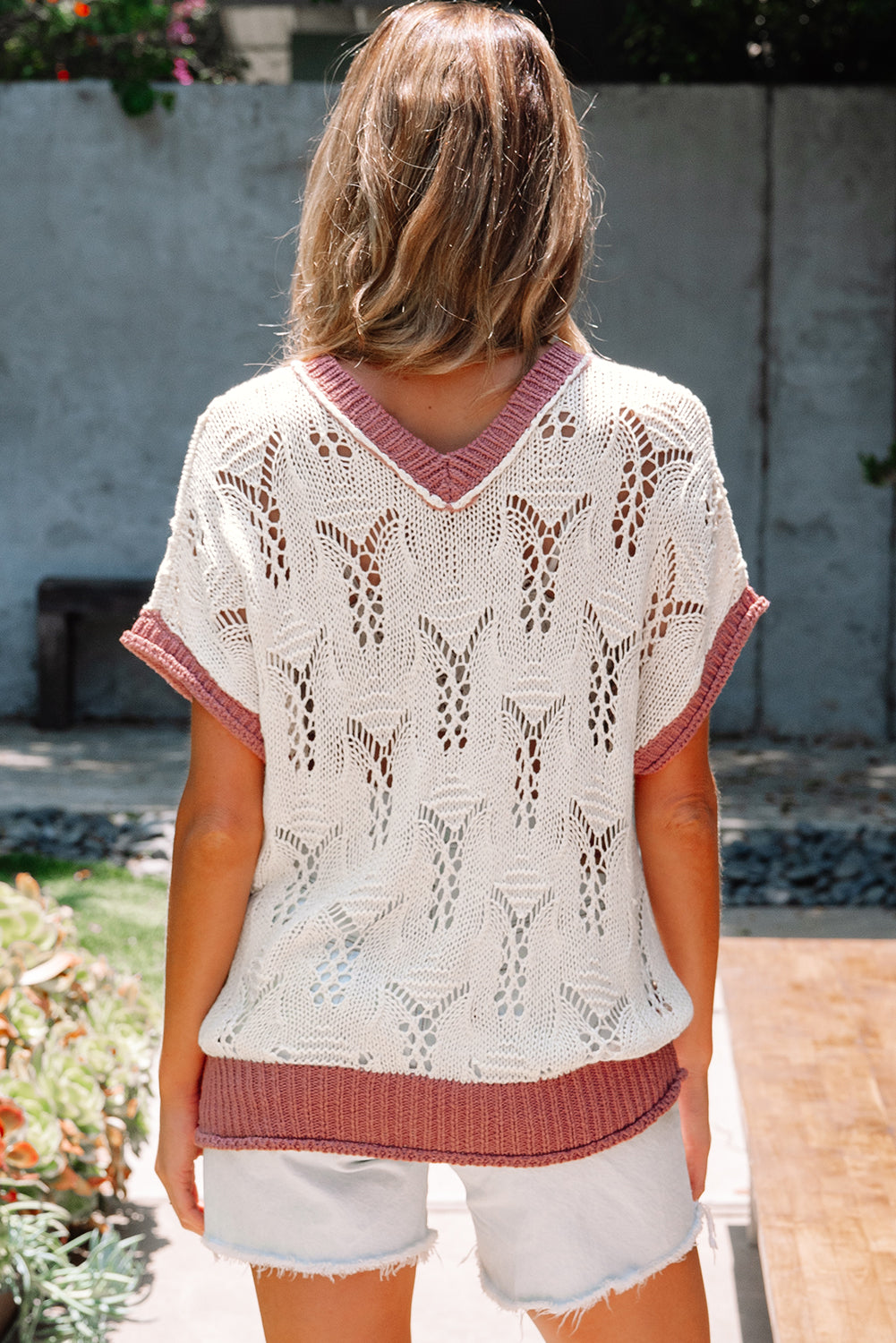 Embroidered Flowers Colorblock Edge Hollowed Sweater