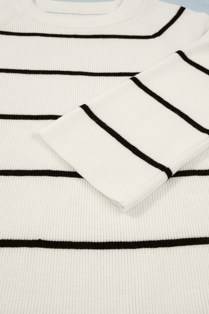 White Stripe Ribbed Knit Half Sleeve Loose Sweater Tee